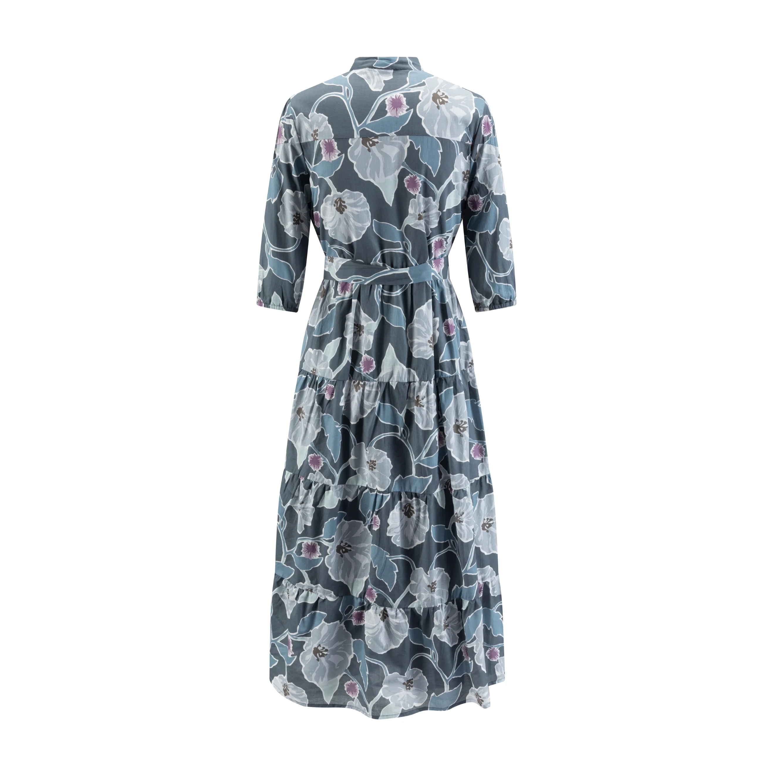 Slate Blue Printed Layered Dress With Belt - Image 3