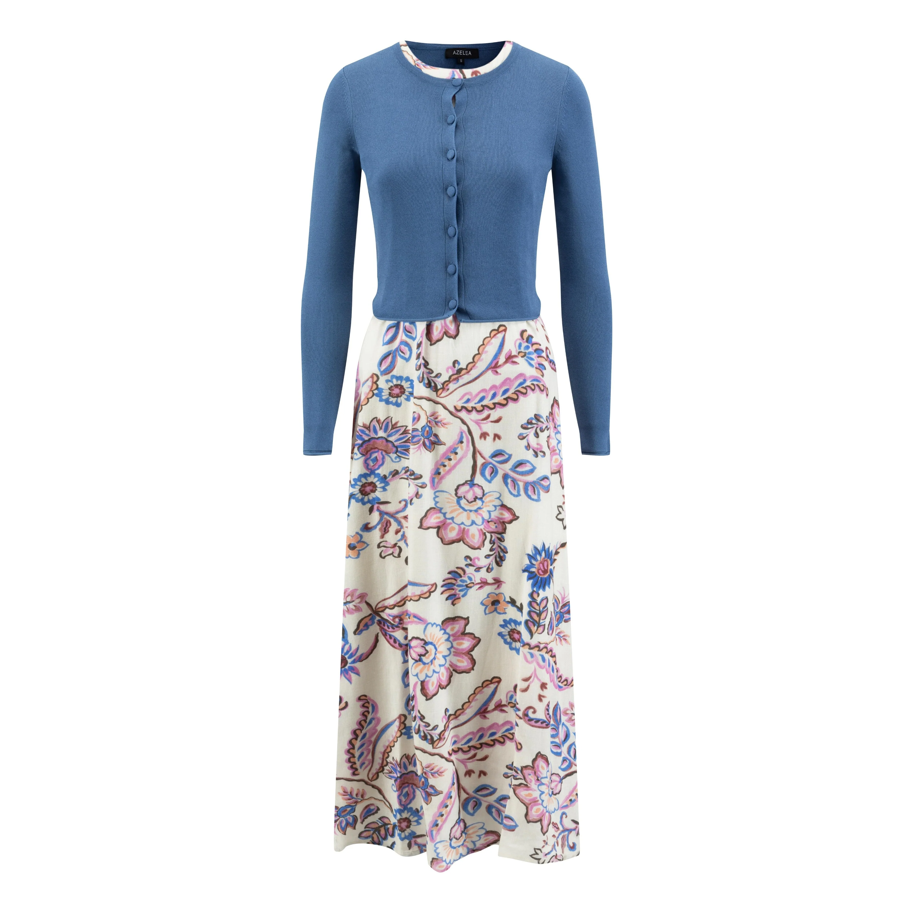 Floral Printed Linen Jumper With Blue Knit Overlay Cardigan - Image 2