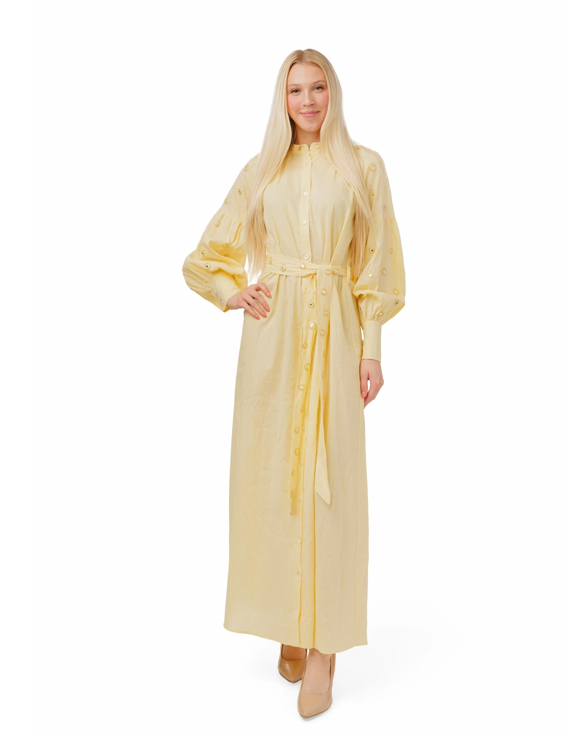 Yellow Cotton Dress With Mirror Detail